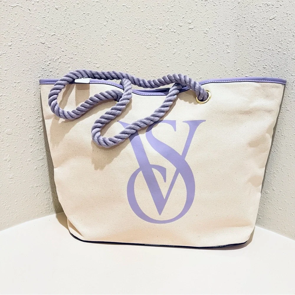 Victoria’s Secret Canvas Cream Lavender Tote Bag OS NWT